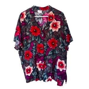 Bently Hawaiian T Shirt 26W Button Up Collar Flower Print Tropical Resort Boat